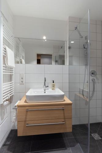 a bathroom with a sink and a shower at KONCEPT HOTEL Neue Horizonte in Tübingen