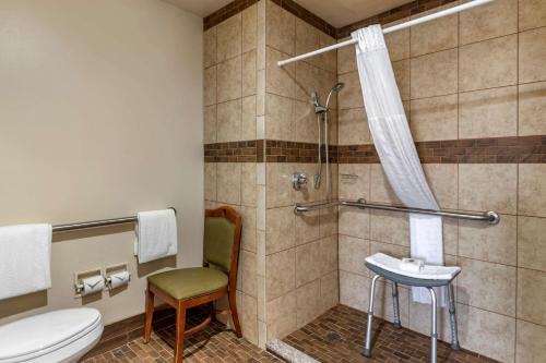 a bathroom with a shower with a toilet and a chair at Comfort Inn Midtown in Tulsa