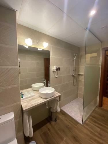 a bathroom with a sink and a shower and a mirror at Hotel Rural El Lagar de Nemesio in Perales de Tajuña