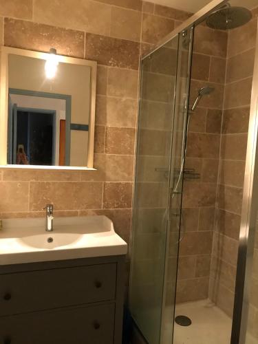 une salle de bain avec une douche, un lavabo et un miroir dans l'établissement Jolie maison à Wissant proche de la plage, à Wissant
