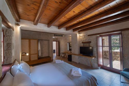 a bedroom with a large bed and a television at Brazzo di Maina in Oítilon