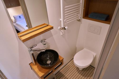 a small bathroom with a toilet and a sink at Hotelboat Iris in Amsterdam