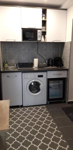 uma cozinha com uma máquina de lavar roupa e um micro-ondas em Studio Callatis Central - adults only em Mangalia