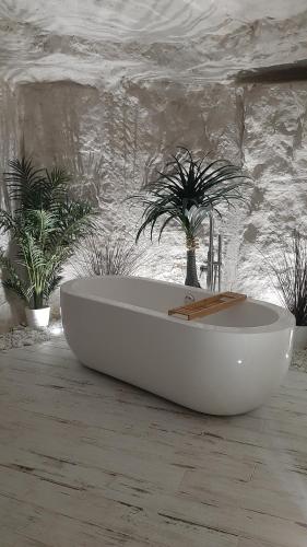 una vasca da bagno bianca seduta in una stanza con piante di La Trog'Laudy gîte 4 étoiles au coeur des vignes a Vouvray