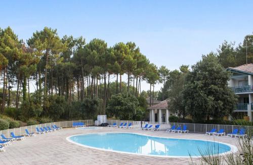 - une piscine avec des chaises longues bleues et des arbres dans l'établissement Le Zeste, à Soustons
