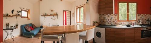 une cuisine avec une table en bois et un canapé bleu dans l'établissement Les Gites du Fesquet - T3 lumineux et spacieux dans cadre calme et verdoyant, à Cazilhac