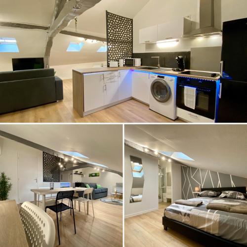 d'une cuisine et d'un salon d'un appartement avec un lit et une salle à manger. dans l'établissement LE MOBILE - Climatisé - Proche de la gare - Centre ville-PROPERTY RENTAL NM, à Périgueux