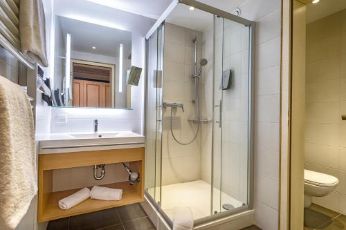 a bathroom with a shower and a sink and a toilet at Ringhotel Mönch`s Waldhotel in Unterreichenbach