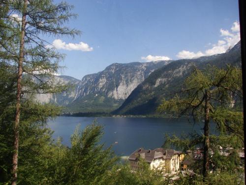 a view of a lake with mountains in the background at Apartmenthaus Hinterer in Bad Goisern