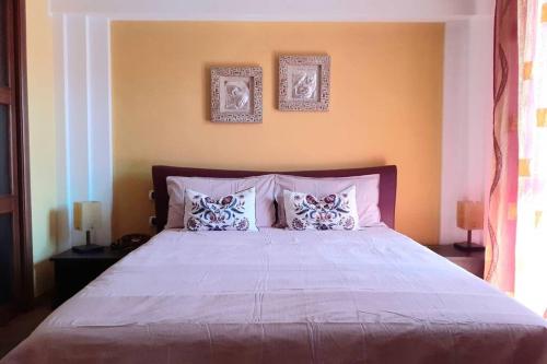 um quarto com uma cama grande e 2 almofadas em A casa di Sabina, appartamento a Castelbuono em Castelbuono