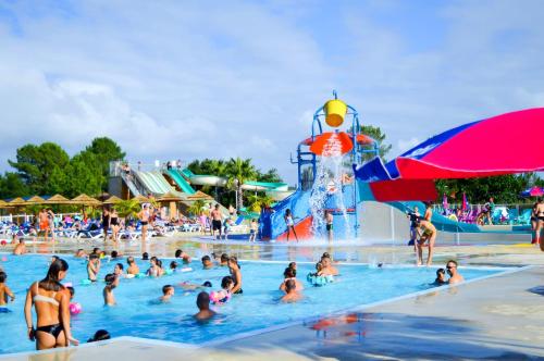- un groupe de personnes dans une piscine d'un parc aquatique dans l'établissement Bungalow confortable à Saint-Julien-en-Born avec piscine partagée, à Saint-Julien-en-Born