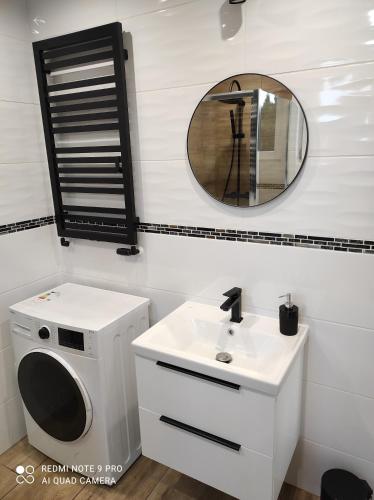 a bathroom with a washing machine and a sink at Domek Kaszuby Stężyca z banią i sauną in Stężyca