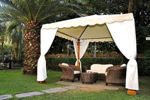 a tent with chairs and a table and a palm tree at Hotel Kyrton in Forte dei Marmi