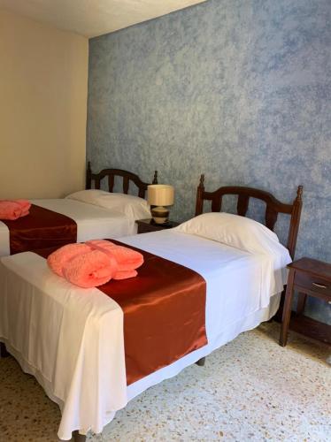 a bedroom with two beds and a wall at Hotel Posada San Miguel in Antigua Guatemala