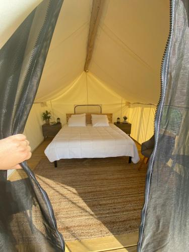 a person standing in a tent with a bed at Off Map Glamping in South Haven