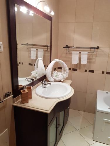a bathroom with a sink and a mirror at Jardins de Pera vila M in Pêra