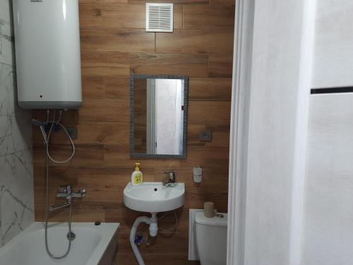 a bathroom with a sink and a toilet and a mirror at Алібі 3/46 in Kovel