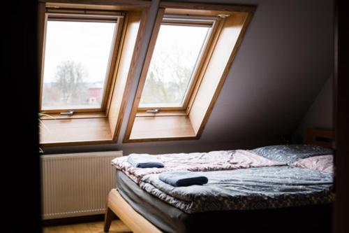 1 Schlafzimmer mit 2 Fenstern und einem Bett ohne Außenfenster in der Unterkunft Ferienhaus Schiller in Waren (Müritz)