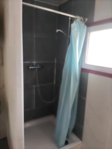a bathroom with a shower with a blue shower curtain at Bousquet in Labatut