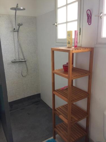 a bathroom with a shower and a wooden book shelf at Le temps des cerises in Méthamis