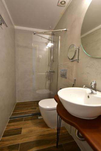 a bathroom with a sink and a toilet and a shower at Piteoussa in Hydra