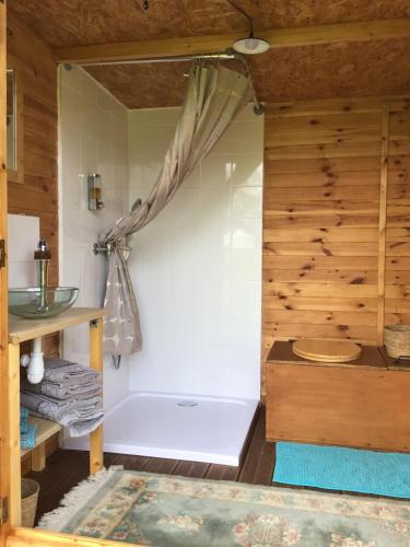 - une salle de bains pourvue d'une douche avec rideau dans l'établissement Yourtes Lacroutz, à Nassiet