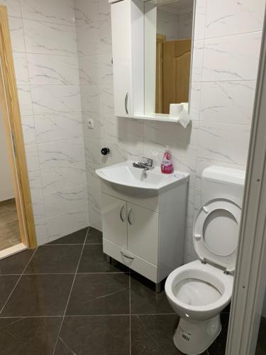 a white bathroom with a toilet and a sink at Apartman Bojanić in Trebinje
