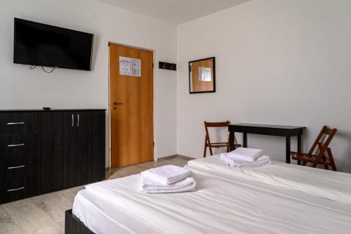 twee bedden in een kamer met een tv aan de muur bij Vila Bolta Rece in Sighetu Marmaţiei