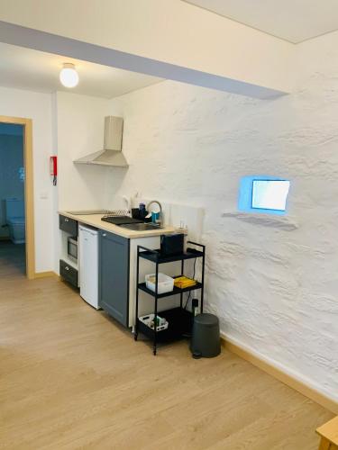 a kitchen with a sink and a counter in a room at Terraços do Távora in Tabuaço