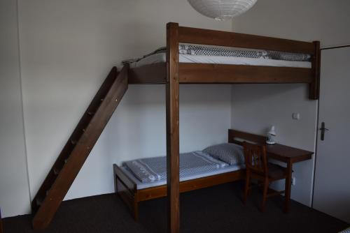 sypialnia z łóżkiem piętrowym, biurkiem i łóżkiem piętrowym w obiekcie Apartmány Lenka w Karlowych Warach