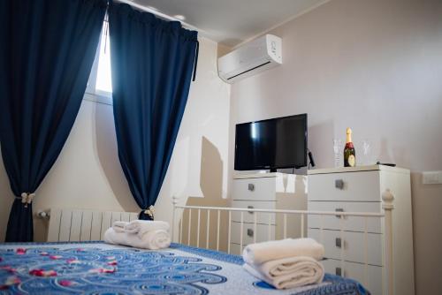 Schlafzimmer mit einem Bett mit blauen Vorhängen und einem TV in der Unterkunft Alessia apartment panoramic view in Catania