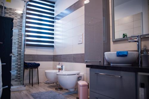 ein Bad mit einem Waschbecken, einem WC und einer Dusche in der Unterkunft Alessia apartment panoramic view in Catania