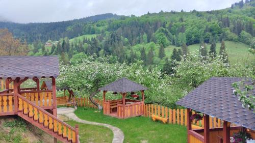 a garden with a wooden fence and a gazebo at Садиба "Ековид" in Krivorovnya