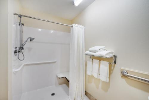 a bathroom with a shower and a toilet and towels at Holiday Inn Express Pocomoke City, an IHG Hotel in Pocomoke City