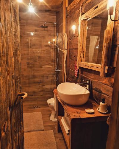 a wooden bathroom with a sink and a toilet at Naša mala koliba in Vojnić