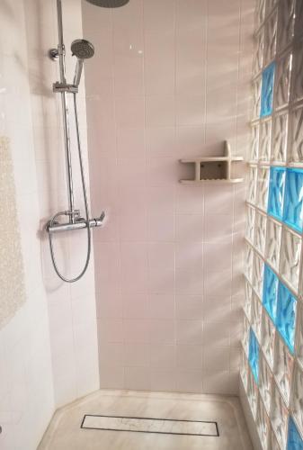 a bathroom with a shower with blue and white tiles at Alojamento Local Ferros - Duplex in Viana do Castelo
