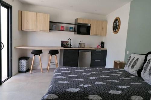 Cet appartement comprend une chambre avec un lit et une cuisine avec un comptoir. dans l'établissement Appartement type studio plain pied terrasse & plage, au Grau-dʼAgde