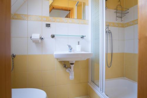 a bathroom with a sink and a shower at Ania Wynajem Pokoi in Zakopane