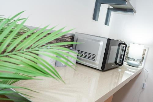 a microwave sitting on a counter next to a plant at Bentley House with en-suites in Crewe