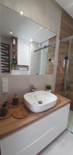 łazienka z białą umywalką i prysznicem w obiekcie Apartament Green Diamond Rakowicka w Krakowie