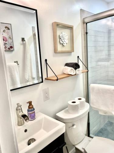 a bathroom with a sink and a toilet and a shower at Buttonwood Boutique Hotel in West Cape May