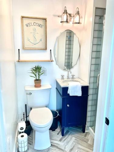 a bathroom with a toilet and a sink and a mirror at Buttonwood Boutique Hotel in West Cape May