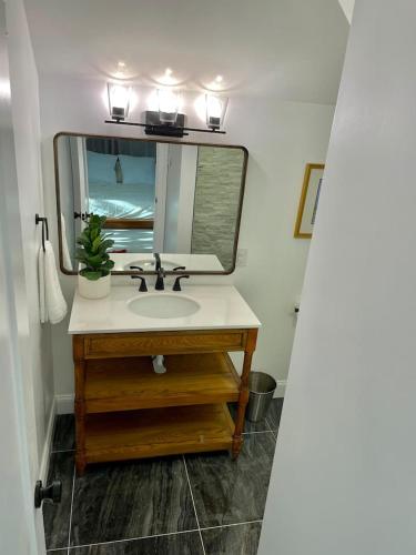 a bathroom with a sink and a mirror at Buttonwood Boutique Hotel in West Cape May