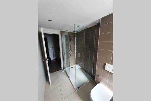 uma casa de banho com um chuveiro e um WC. em Résidence Costa Nera Santa Giulia em Porto-Vecchio