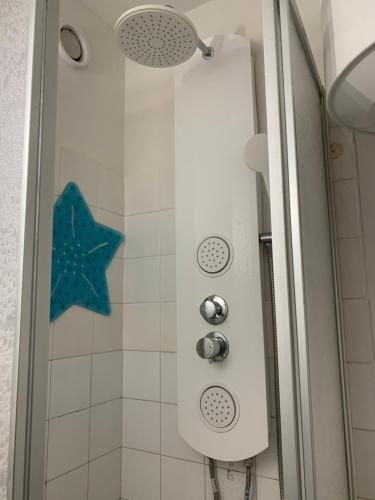 La salle de bains est pourvue d'une douche décorée par une étoile. dans l'établissement Appart à la plage, à Saint-Jean-de-Monts