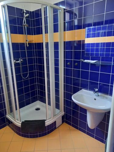 een blauw betegelde badkamer met een douche en een wastafel bij Penzion Lokotka Děčín in Děčín