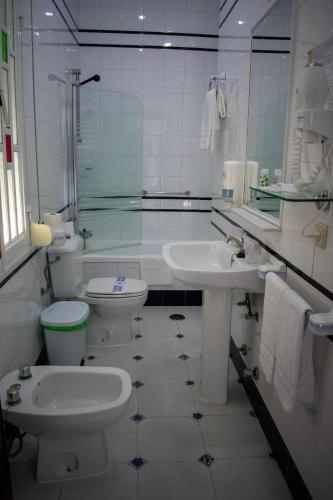 a bathroom with a toilet and a sink and a shower at Hotel Playa de Regla in Chipiona