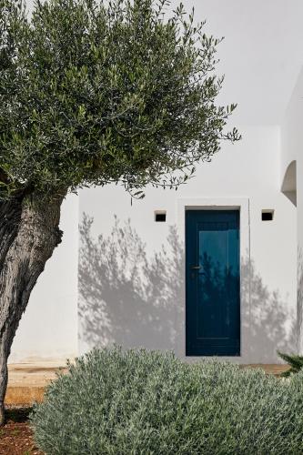 a blue door on a white building with a tree at Masseria Calderisi in Savelletri di Fasano