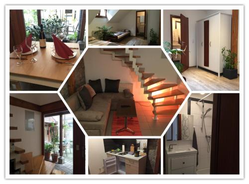 a collage of pictures of a living room and a staircase at fewofelix in Würzburg