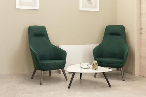 two green chairs and a coffee table in a room at Hotel & Wellness Stella Delle Langhe in Govone